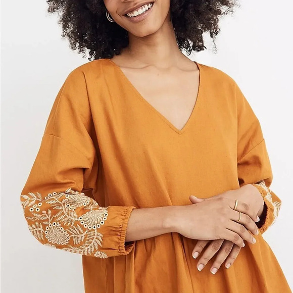 MADEWELL Embroidered Sleeve Popover Dress in Burnished Caramel - Picture 2 of 11